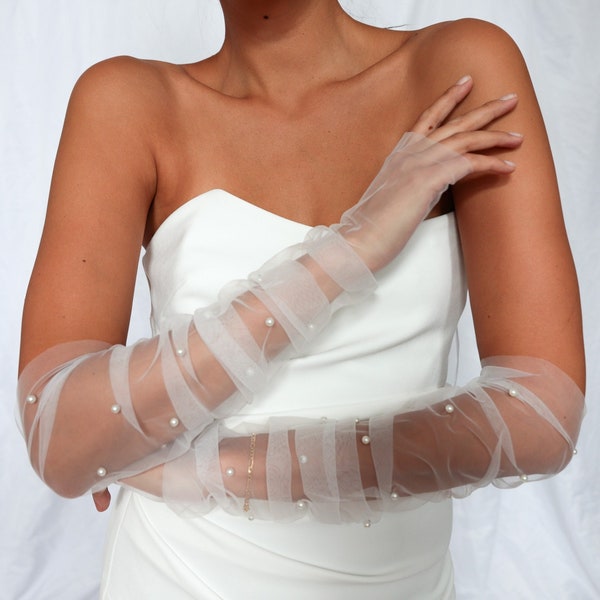 abnehmbare Ärmel Hochzeitskleid/Brautkleid weiß Perlen Braut Handschuhe Armstulpen Tüllärmel Hochzeit ivory Stulpen Brautärmel