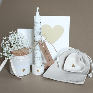 Set regalo personalizzato con gratta e vinci luce fortunata/jesmonite/ciotola a cuore/candela con tintura a immersione