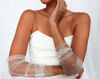 abnehmbare Ärmel Hochzeitskleid/Brautkleid weiß Perlen Braut Handschuhe Armstulpen Tüllärmel Hochzeit ivory Stulpen Brautärmel