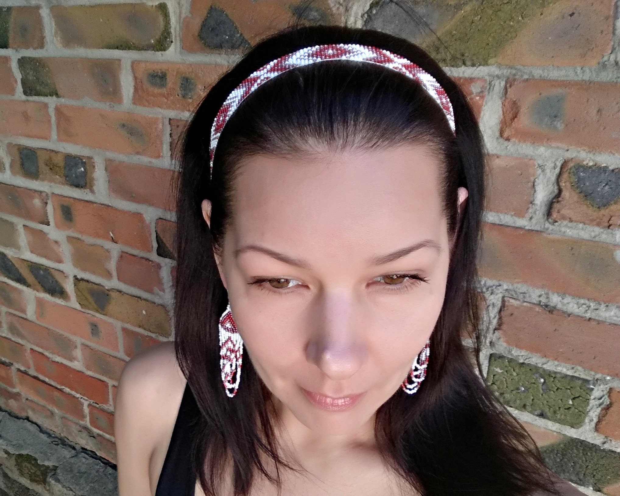 Authentic native American style headband Red Brown White Etsy
