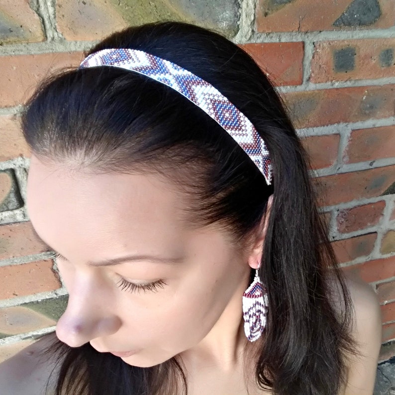 Authentic native American style headband Blue White Brown Etsy