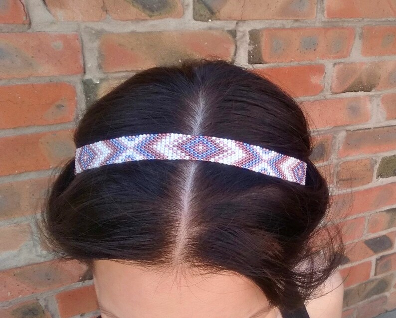 Authentic native American style headband Blue White Brown Etsy