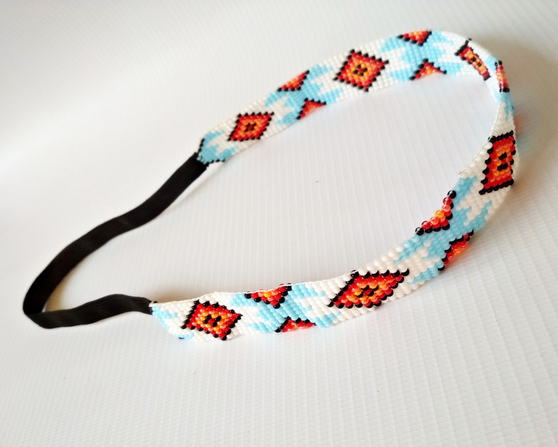Beaded Headband Authentic Native American Style White Yellow Etsy