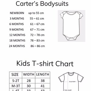 May include: A size chart for Carter's onesies and kids' t-shirts. The chart shows the size, width, and length in centimetres for each size. The chart also includes illustrations of a onesie and a t-shirt.