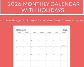 2026 CALENDAR with Holidays - Clean & Modern design, Instant download, Printable