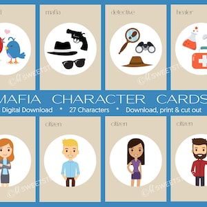 Op de afbeelding: Een set printbare Mafia-personagekaarten. De kaarten bevatten illustraties van verschillende rollen, waaronder liefdesvogel, maffia, detective, genezer en burger. De kaarten zijn ontworpen voor een spel Mafia.