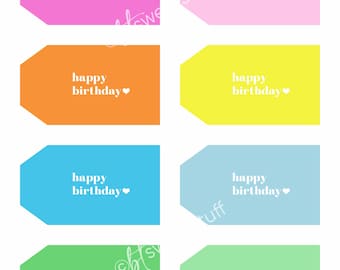 Happy Birthday printable gift tags, 8 colors