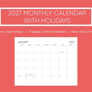 Utskrivbar kalender 2027, enkel design, ren och modern, digital nedladdning