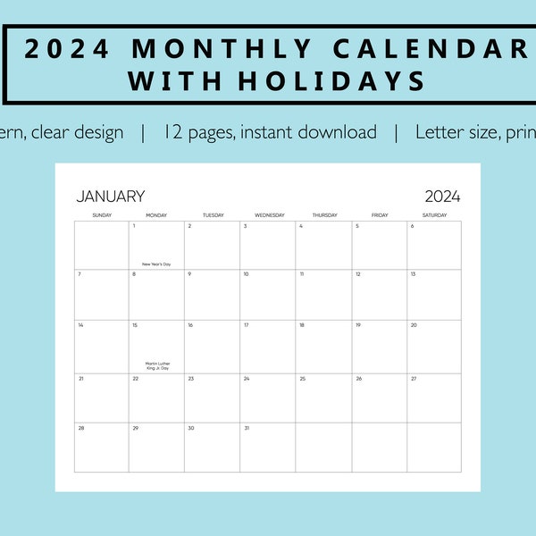 2024 Monthly Calendar with Holidays, Letter Size, Printable, Instant Download