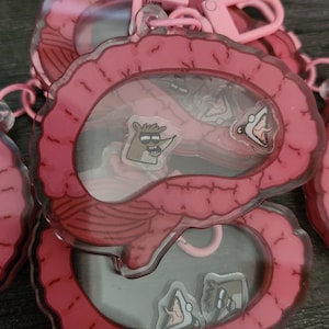 May include: A set of four pink plastic keychains featuring cartoon characters from the animated series Regular Show. Each keychain is shaped like a brain and has a clear plastic window that reveals a different character. The keychains are attached to pink metal rings.