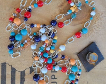 36" multi colored glass bead necklace, boho chain jewelry