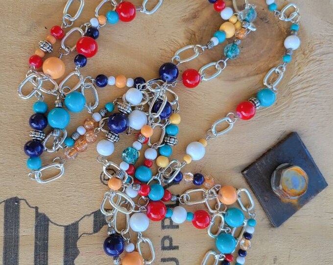 36" multi colored glass bead necklace, boho chain jewelry