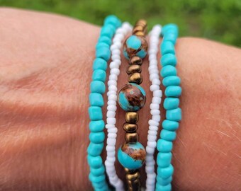 Turquoise and Antique Brass Beaded Bracelet Set 5pc
