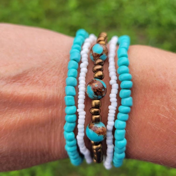 Turquoise and antique brass beaded bracelet set, southwestern style, western wear, turquoise jewelry, bohemian style