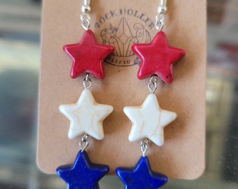Star dangle earrings, 4th of July, red, white and blue