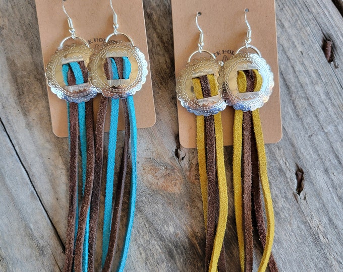 Concho multi colored suede earrings, concho, leather tassels