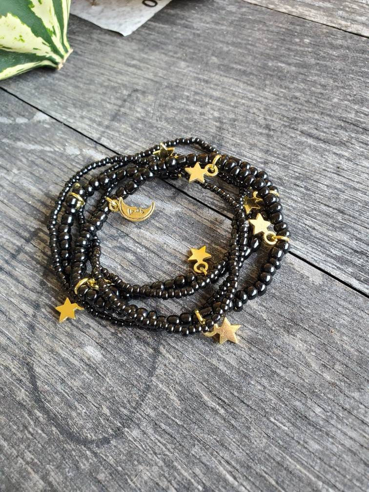 Black and gold beaded bracelet set multi strand bracelet | Etsy