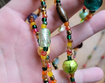 Boho style long beaded necklace, glass beads, seed bead, fall colors
