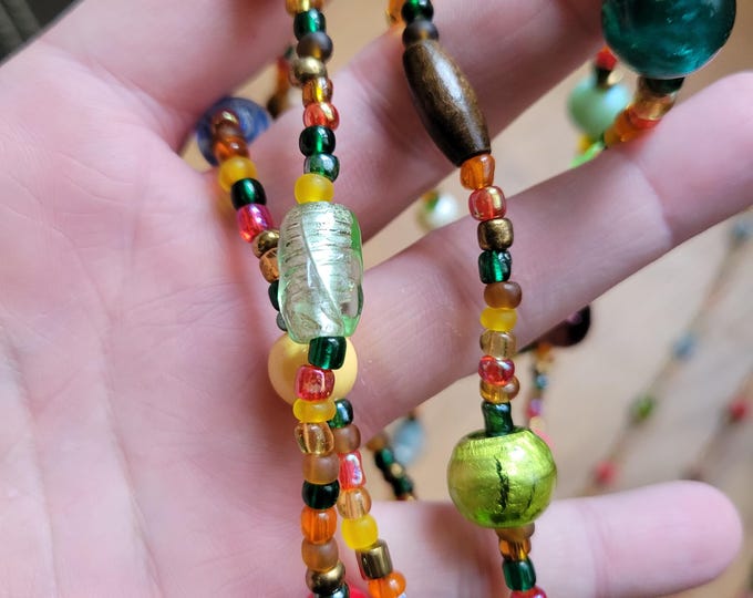 Boho style long beaded necklace, glass beads, seed bead, fall colors