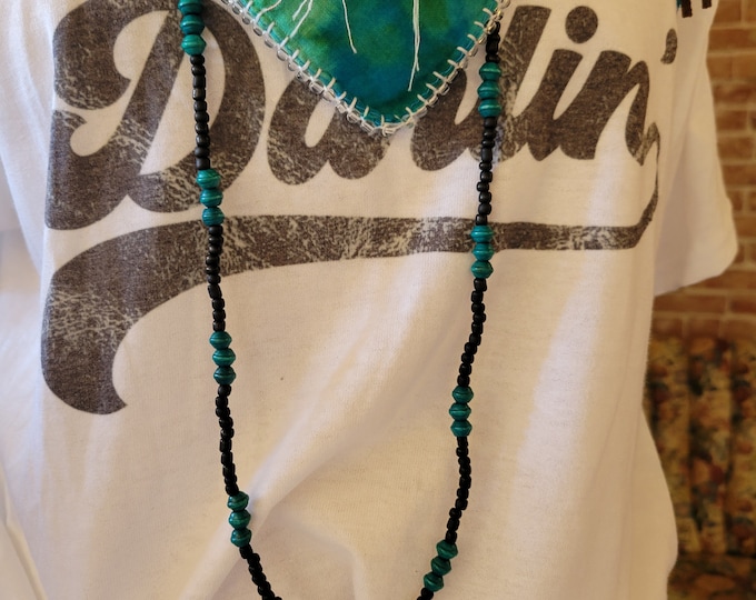 36" black seed bead and turquoise wood bead necklace