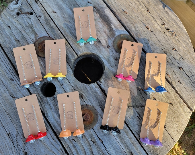 Disco Cowgorl earrings, drop earrings, cowboy hat, western wear, country festival