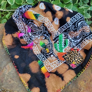 Custom patchwork bandana, southwestern style, distressed bandana, western wear, serape design, cactus design