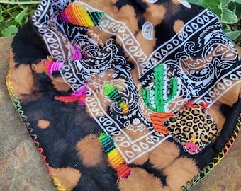 Custom patchwork bandana, southwestern style, distressed bandana, western wear, serape design, cactus design