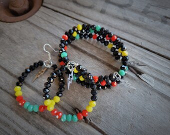 Black and neon lightning bolt set, crystal bead jewelry, 80s style, neon style