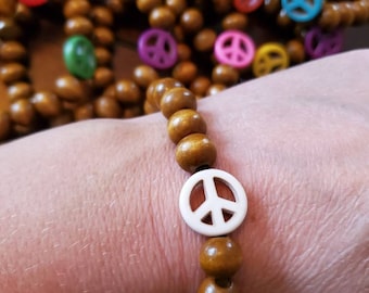 Wood Bead Peace Sign Bracelet