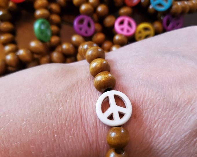 Wood Bead Peace Sign Bracelet