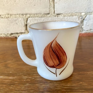 Fire King, Milk Glass, Coffee Mug, Hand Painted, Brown, Leaf, 1950s, Vintage Mug
