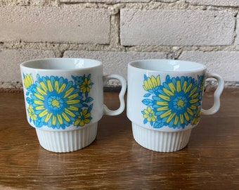 Flower Tea Mugs Homeway Classic White with Green Flower Mugs Vintage Style Stoneware Mugs 300ml Set of 2,Flower Coffee Mugs