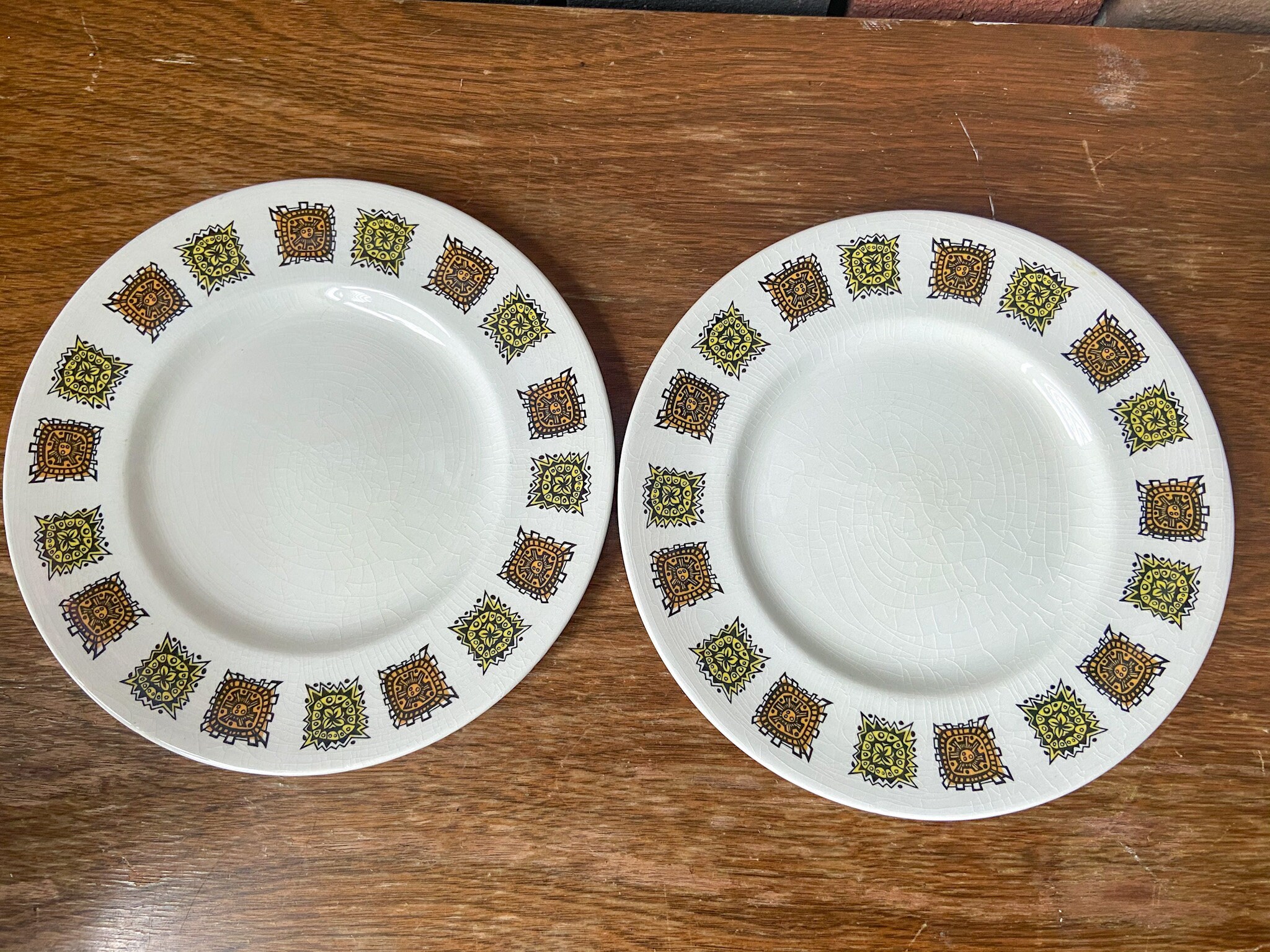 Dessert Plates Myott Aztec Geometric Dinnerware Vintage English Ironstone Set of Two 60s 70s