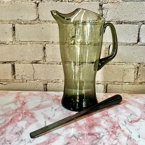 Smoke Glass Pitcher, Stir Stick, 1970s, Mid Century, MCM, Vintage Barware