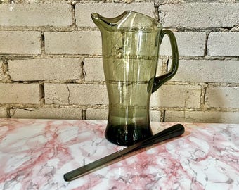 Smoke Glass Pitcher, Stir Stick, 1970s, Mid Century, MCM, Vintage Barware