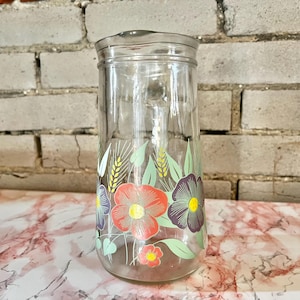 Vintage Glass Water Jug with Hand Painted Orange and Purple Flowers, 70s Water Jug, Retro Pitcher