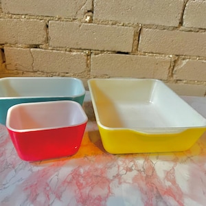 Pyrex Refrigerator Dishes 501, 502, 503 Primary Colors Set