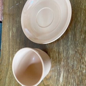 Puede incluir: Un juego de taza y platillo de color rosa p&aacute;lido. La taza tiene un asa redondeada y el platillo tiene un borde ligeramente elevado.