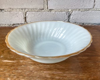 Vintage Fire King Milk Glass Bowl: Golden Anniversary Gold Trim Swirl
