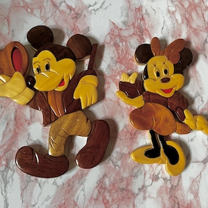 Vintage Intarsia Wood Carvings, Mickey Mouse, Minnie Mouse, Set of two, 1980s wooden decor, Vintage Disney, Intarsia Mouse