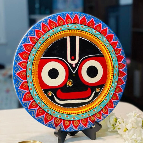Hand-Painted Lord Jagannath pattachitra painting on round wooden plate, Table decor (Indian Folk Art), Indian Home Decor, Indian Return Gift