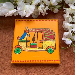 Original Hand-painted Auto Rickshaw on a 5 by 5 Inch Canvas, Indian Tuk-Tuk Gadi, Return Gift, Housewarming Gift, Home Decor, Rakhi Gift