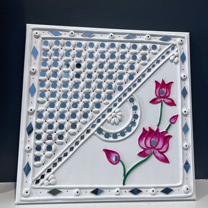 Handmade Mirror Art on 14 by 14 Inch Canvas, Lippan Art, Traditional Indian Clay Art, Housewarming Gift, Return Gift, Diwali Gift, Diwali