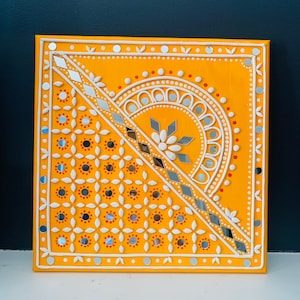 Handmade Mirror Art on 14 by 14 Inch Canvas, Lippan Wall Art, Indian Clay Mirror Art, Housewarming Gift, Rakhi Gift, Indian Traditional Art