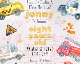 May include: A birthday invitation with a watercolor illustration of various vehicles, including a taxi, police car, ambulance, fire truck, and school bus. The invitation is for a boy named Jonny who is turning eight years old. The party is on August 29th, 2025 from 2pm to 7pm. The address is 1234 Street, Anywhere, Building No# 345, Floor No# 23. Na. RSVP to Smith at 123-456-789.