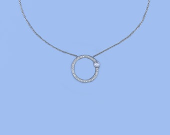 Platinum Diamond Circle Pendant with 0.42 ct Diamonds in Micropave Setting with Cultured Akoya Pearl