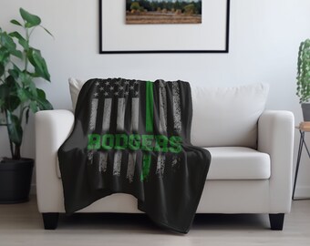 Personalized Thin Green Line Flag Plush Velveteen Blanket - Plush Throw