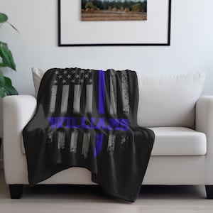 Personalized Thin Blue Line Plush Velveteen Blanket - Plush Throw