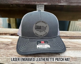 America's Bravest Corrections Officer Laser Engraved Leatherette Patch Hat - Custom Logo Patch - CO - Prison Guard