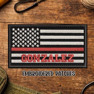 Personalized Firefighter Patch – Custom Red Line Flag, Embroidered Name